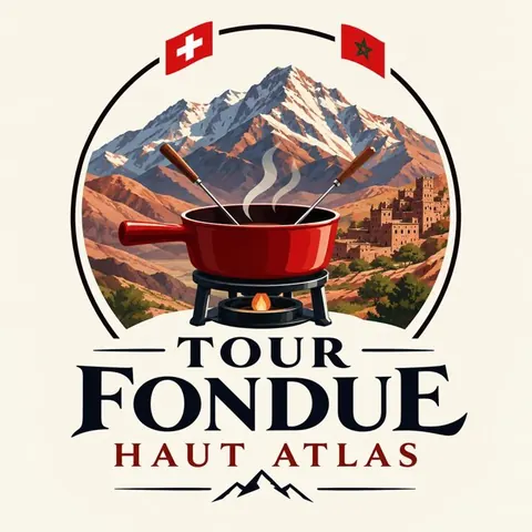 Logo Tour Fondue Haut Atlas : caquelon devant les sommets enneigés